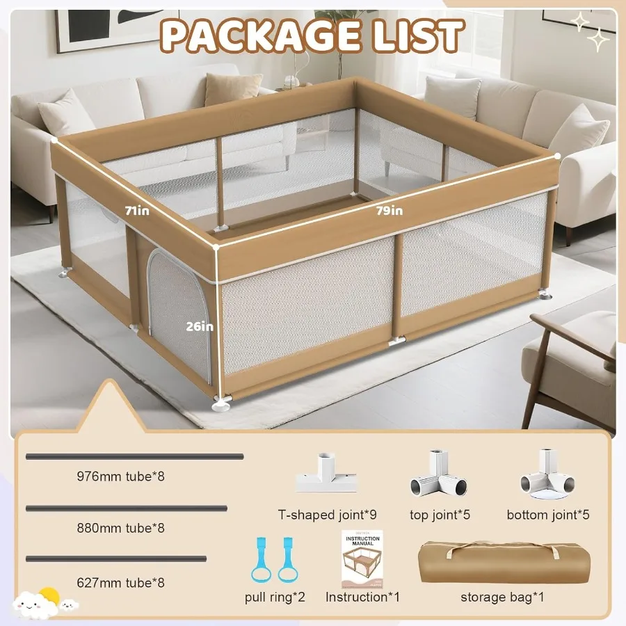 بيبي بلاي يارد 79x71 بوصة - روضة أطفال كبيرة للأطفال - روضة أطفال مع شبكة مرئية وباب بسحاب - مع مقبضين وحقيبة تخزين