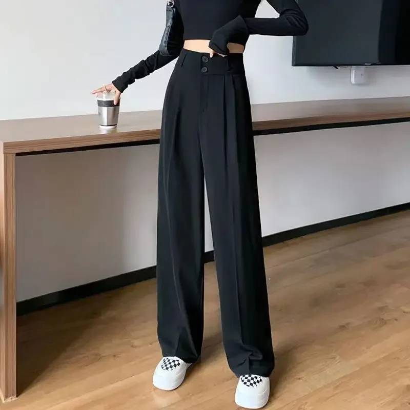 Black Narrow Version Suit Trousers Women Summer Show Thin High Rise New Hanging Loose Wide Leg Casual Straight Leg Mopping Pants