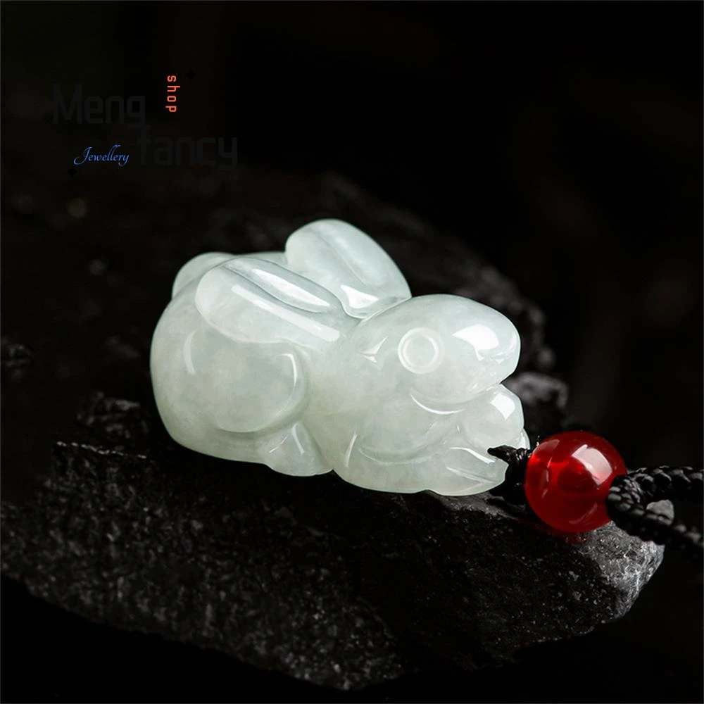 

Natural Burmese A-grade Jadeite Three-dimensional Carved Zodiac Rabbit Pendant National Style Cute Fashion Jewelry Holiday Gifts