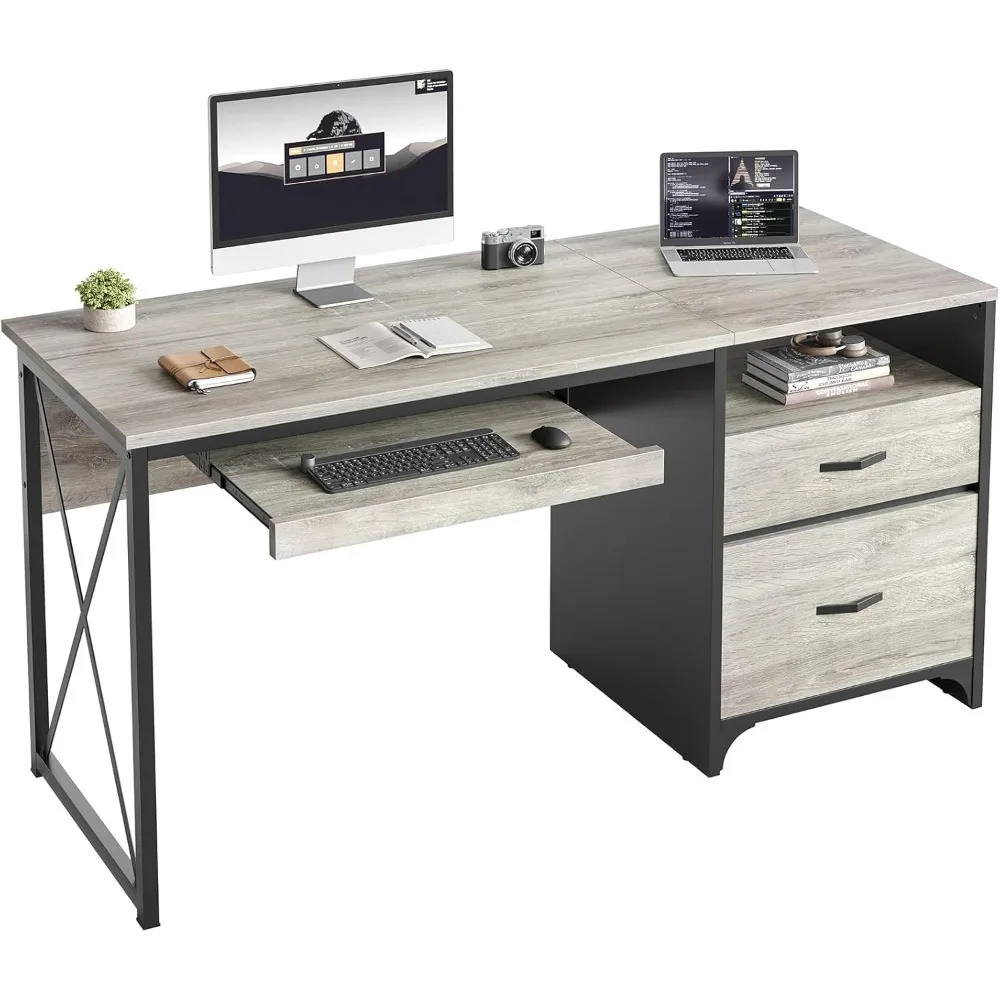 Office Desk with Drawers, 55 inch Industrial Computer Desk with Storage, Wood Teacher Desk with Keyboard Tray & File Dra