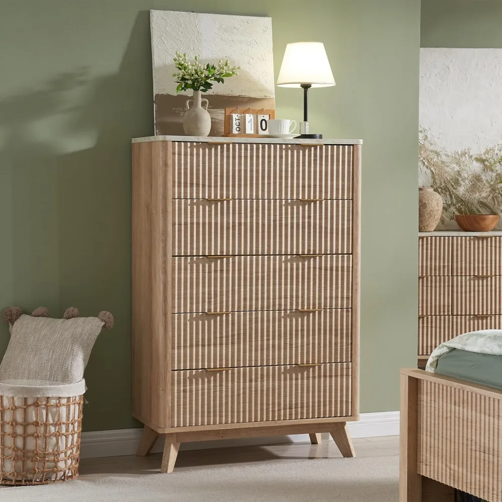 

Fluted 5 Drawers Dresser, 48" Tall Modern Chest of Drawers with Faux Marble Top, Curved Profile Design, Wood Drawer Orga