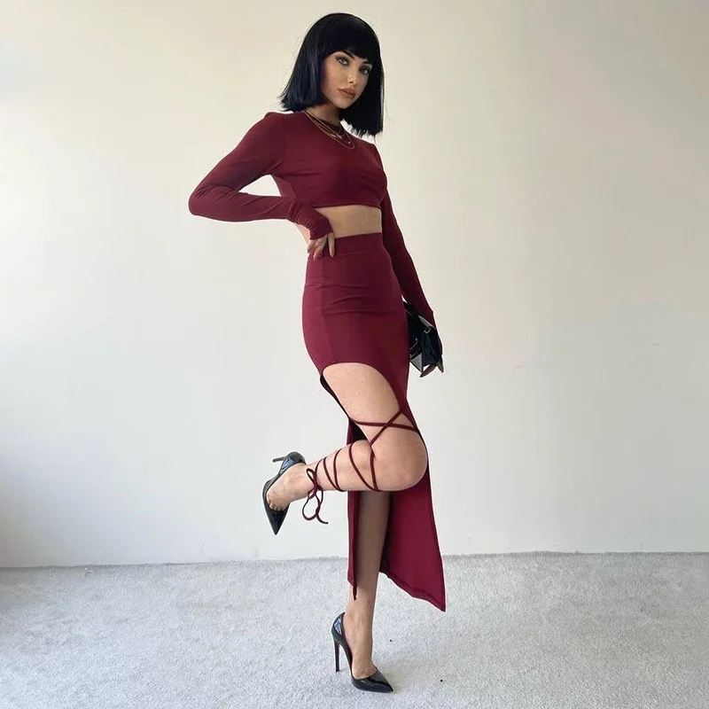 2024 New Pullover Long Sleeve Simple Crop Top Elastic Waist Halter High Split Legless Sexy Tie Solid Colour Half Skirt Set