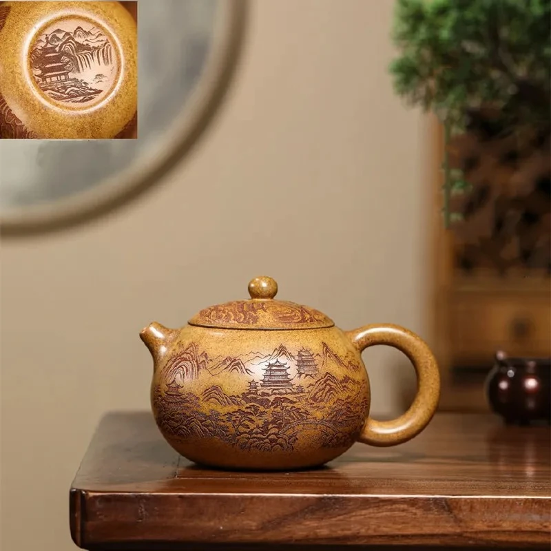 

Китайский чайник из исинской глины ручной работы, резной, с пейзажным узором, модель Сиши, 420 мл, для домашнего использования, из глины цзыша