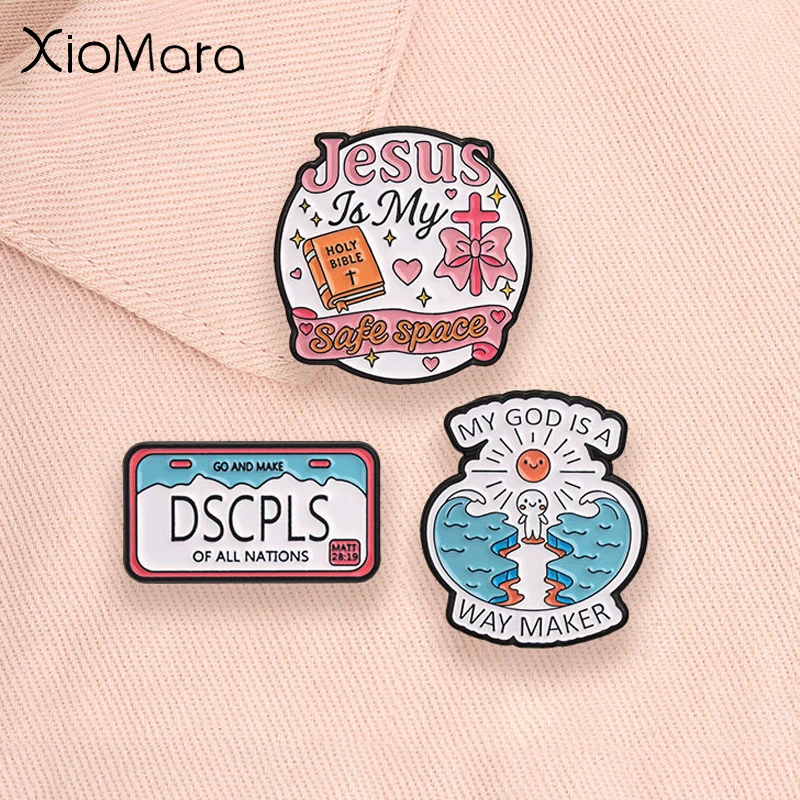 Christian Faith Enamel Pins Parting of the Red Sea License Plate Bible Verse God Jesus Cross Brooches Lapel Badge Jewelry Gifts