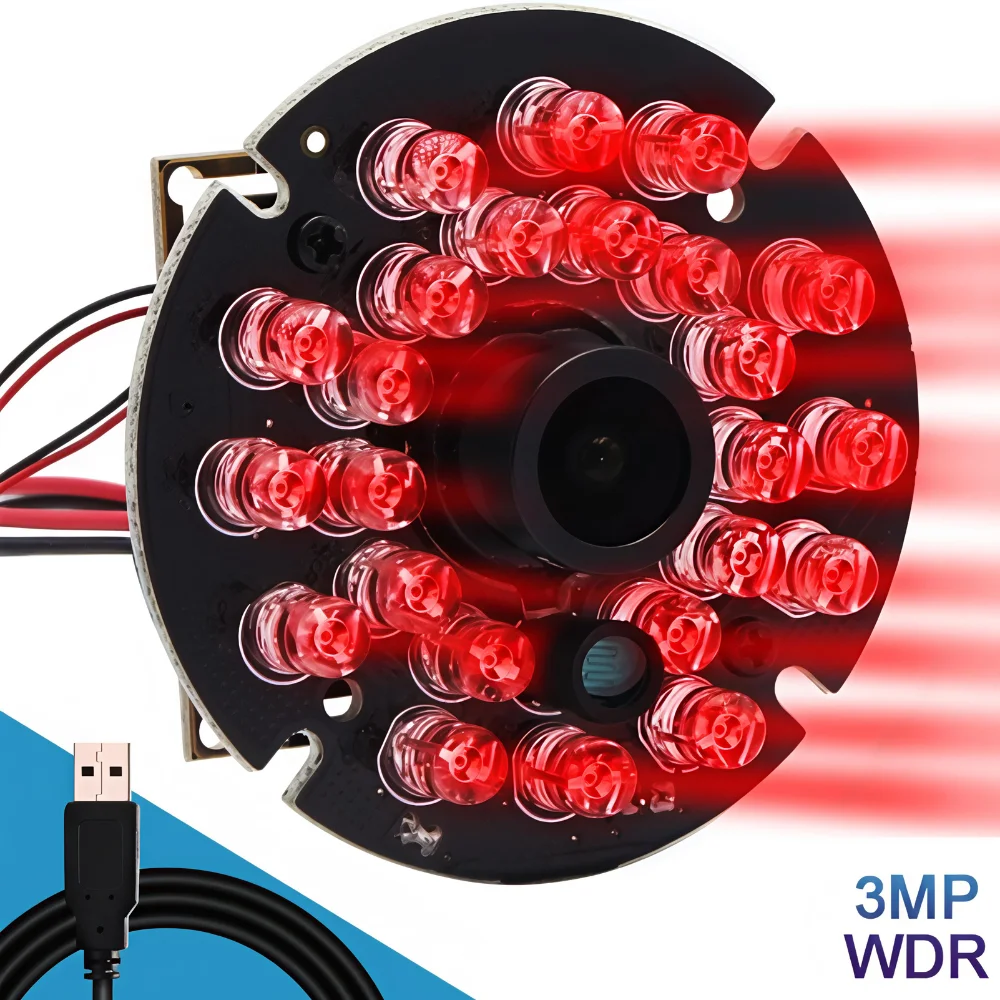 ELP 3MP Night Vision USB Camera Module 24PCS IR LEDs H.264 HD Webcam with Microphone Mini Infrared USB2.0 Camera for Security