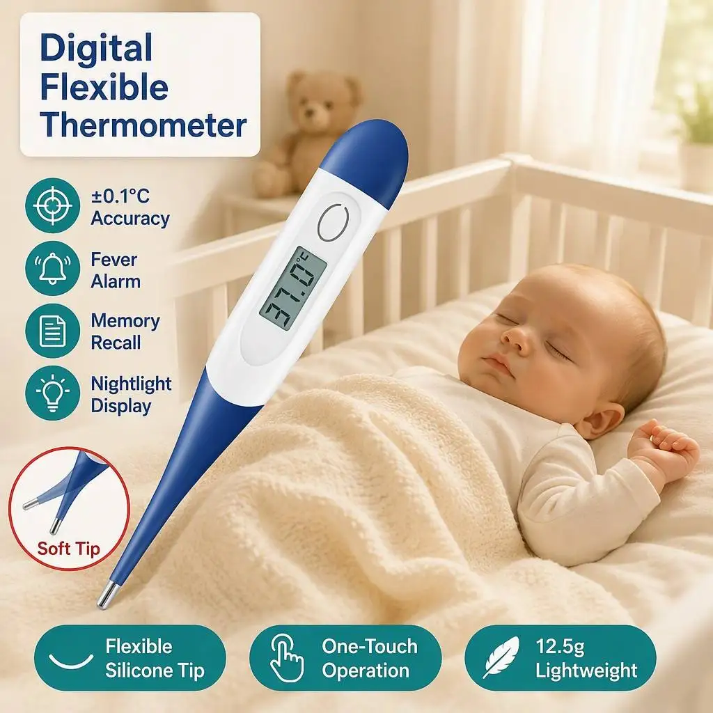 Digital Flexible Soft Tip Clinical Thermometer Fever Alarm ±0.1℃ Accurate for Baby Adults Household Body Temperature Measure