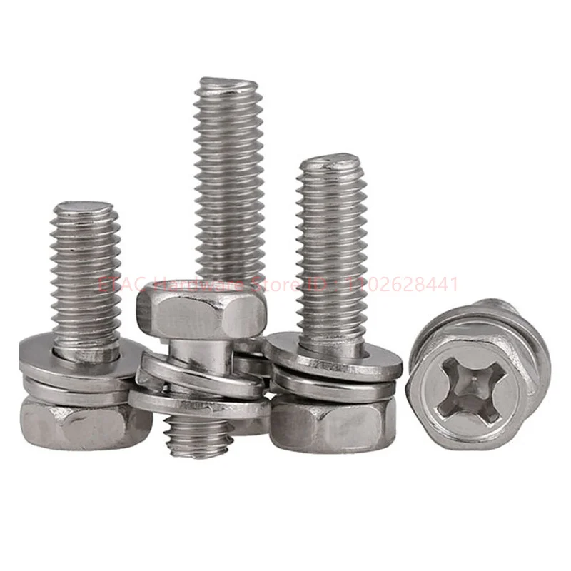 GB9074.13 304 Stainless Steel Cross Cavity Hexagon Head Screw+Spring Washer+Plain Gasket Three Combination Screws M4 M5 M6 M8