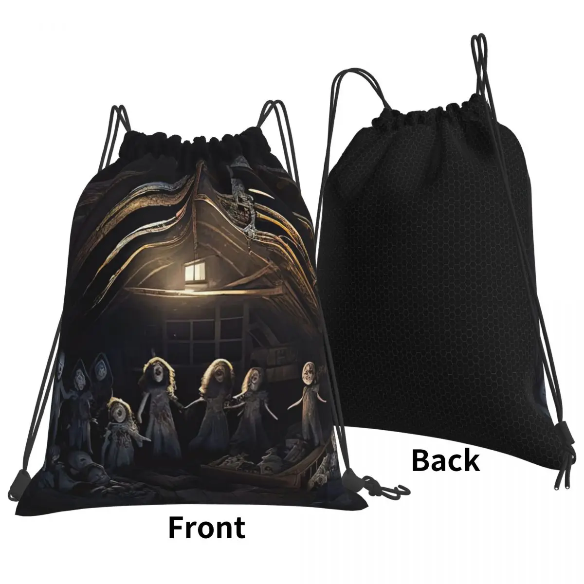 Haunted Attic With Possessed Creepy Dolls Backpacks Portable Drawstring Bundle Pocket Sundries Bag Book Bags for Travel Students