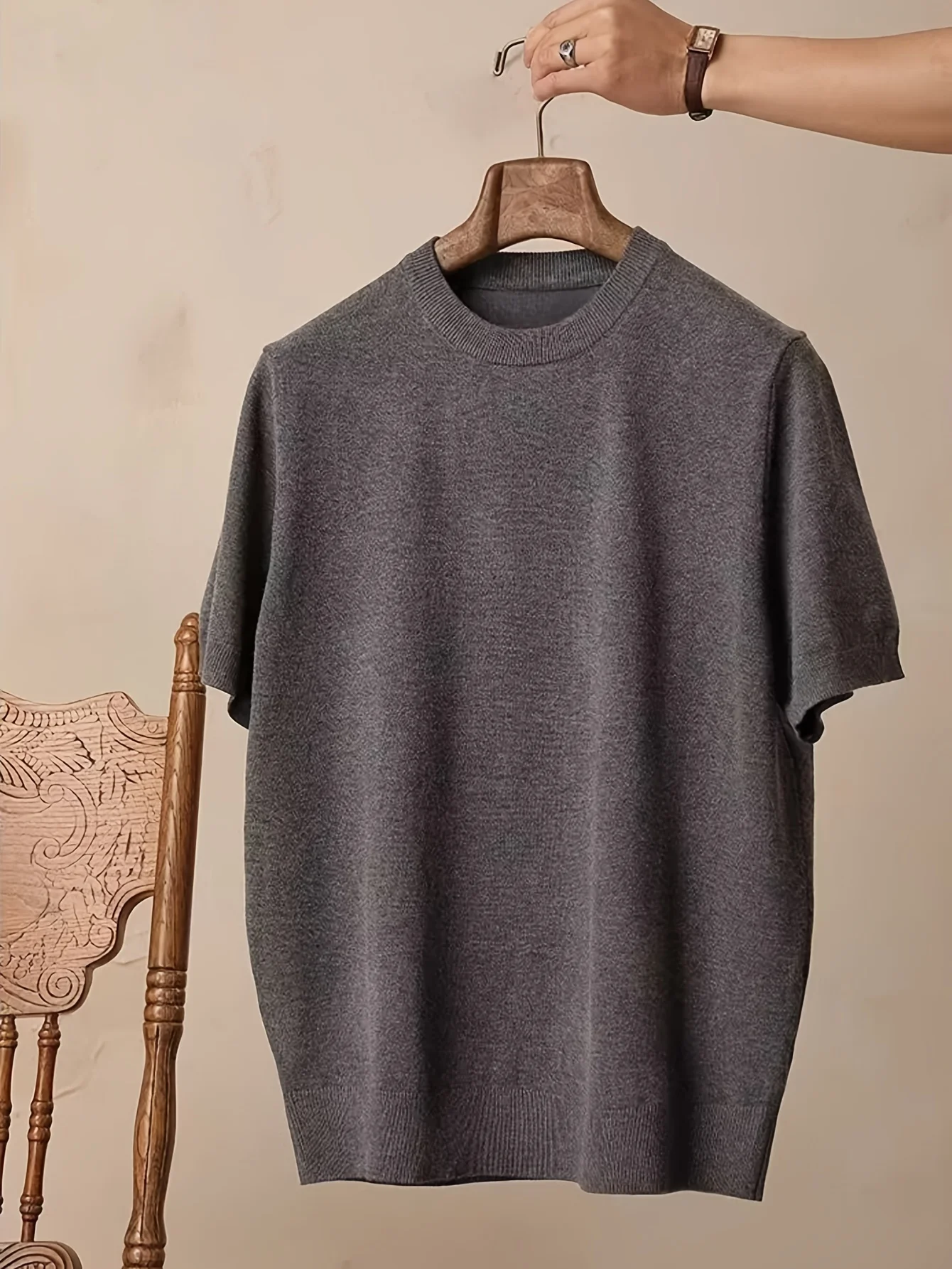 LVLAEA Herren-Sommer-Homewear-Strick-T-Shirt, hochwertiges, einfarbiges Rundhals-Kurzarmshirt, altes Geld, ästhetisches Freizeitoberteil