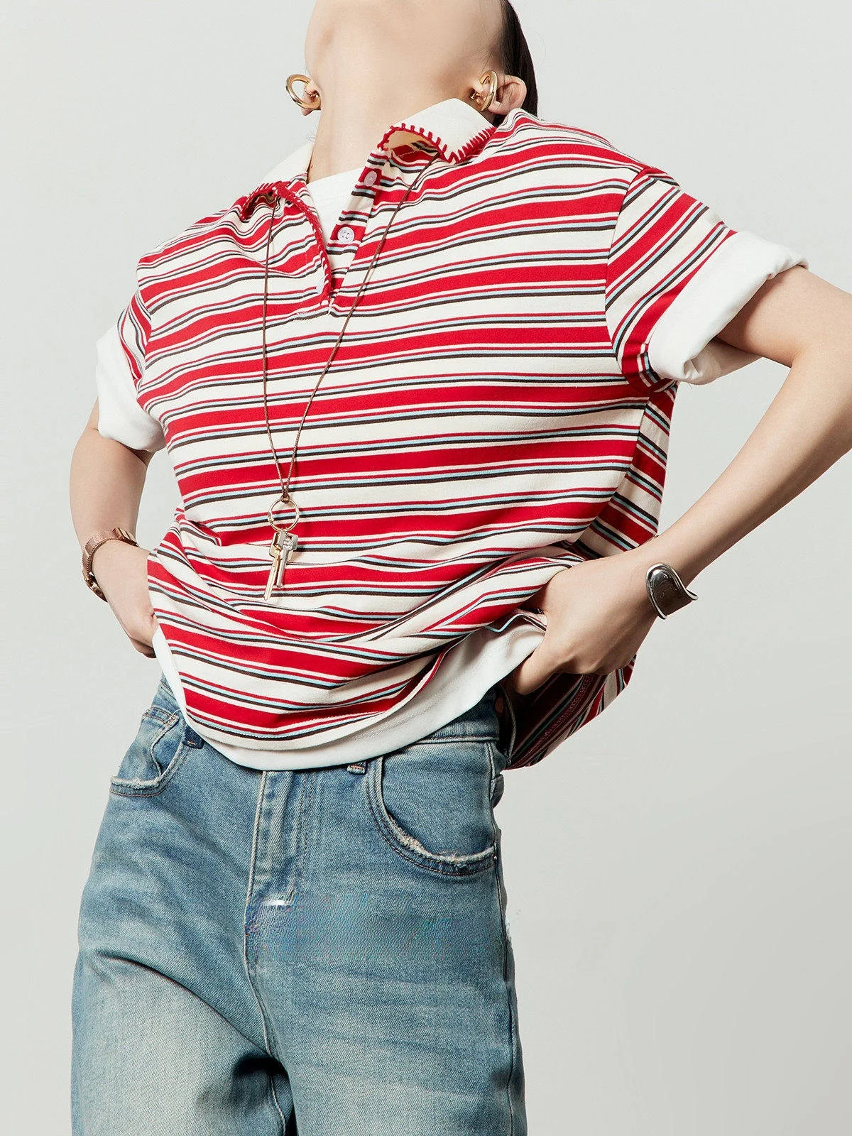 

Красная полосатая футболка свободного кроя с коротким рукавом для женщин, летняя новинка, с эффектом похудения, повседневная, удобная, дышащая