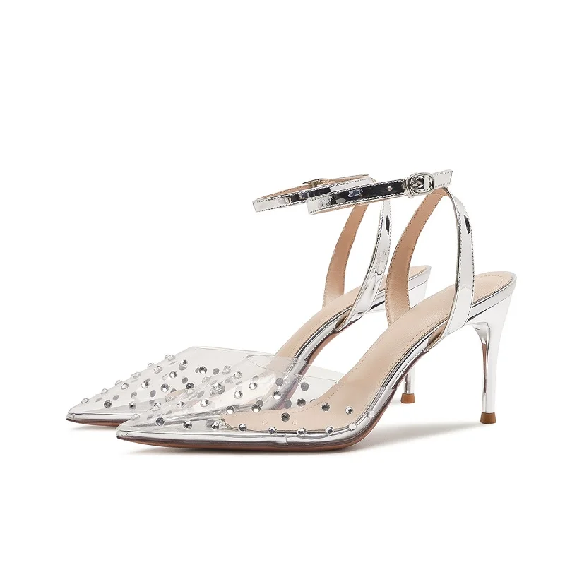 

Новые прозрачные ПВХ туфли Стразы для весны и лета, пикантные туфли на шпильках, банкетное платье, универсальные модные сандалии с острым носком