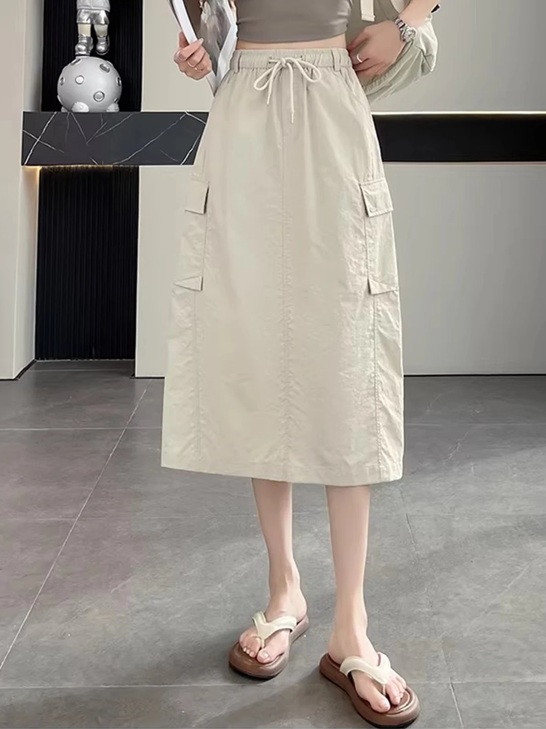 Quick Dry Ice Silk Workwear  Skirt for Women Summer plus Size Midi Straight Cut A-Line Split Skirts Comfortable Elastic W...