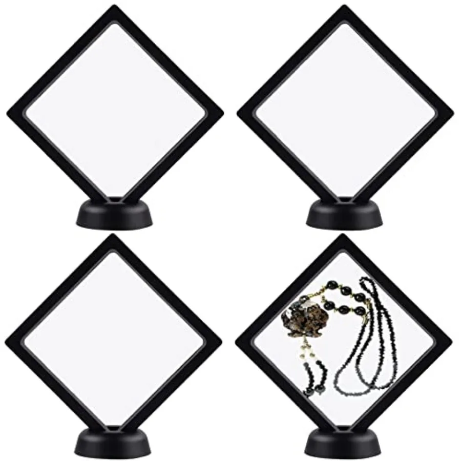 

4Pcs 3D Floatg Frame Display Holder Stands, Black for Rg Necklace Bracelet Earrg Military Challenge Co