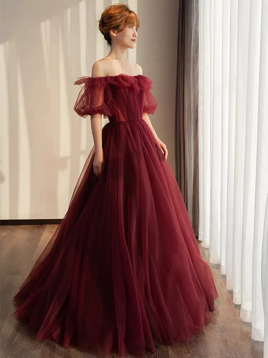 

Mori Xianqi Wine Red Bride Wedding Toast Dress Thin Bubble Sleeve One Shoulder Wedding Dress Evening Dress Ball Gown Dress