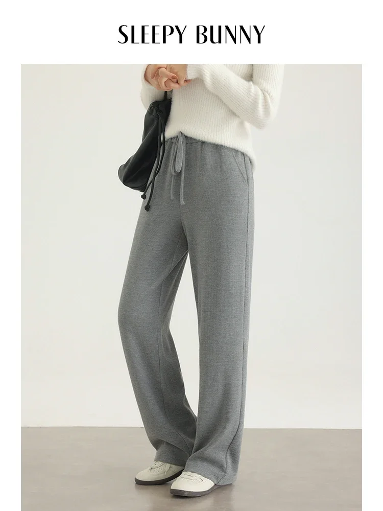 

2025 Spring Women Drawstring Elastic Waist Knit Straight Pants Casual Loose-Fit Wide-Leg Trousers Long Flowing Athletic Bottoms