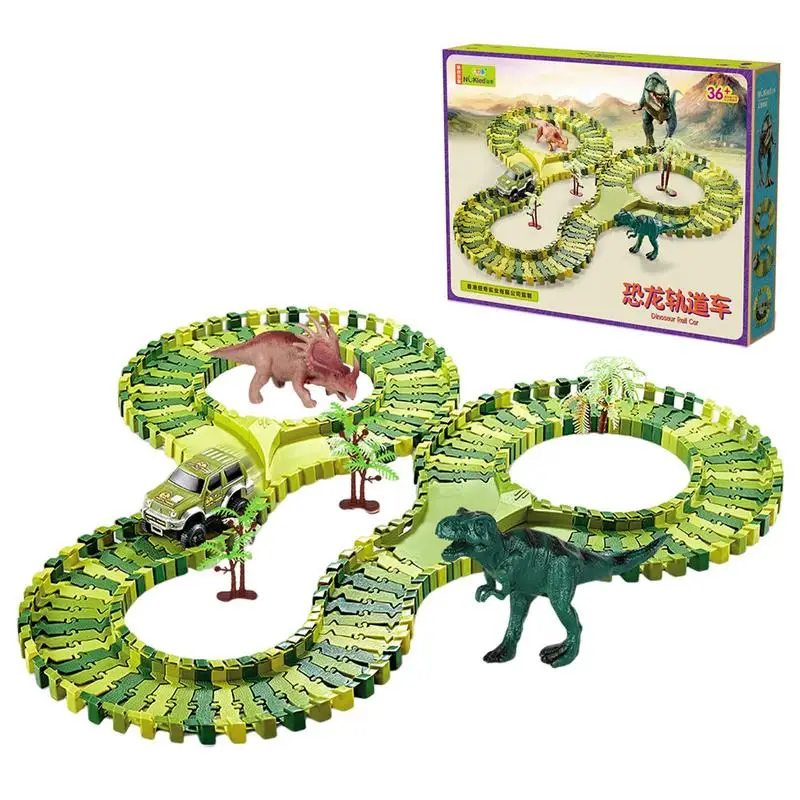 Dino Race Track Flexible Track Playset Fine Motor Skill Toy For Boys Girls Ages 3 Includes 1 Cool Race Car And 2 Dinosaur Toys