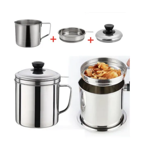1PC Oil Filter Pot 304 Stainless Steel Oil Strainer Pot With Mesh 1.2/1.8L Oil Bottle With Cover Silver Home Kitchen Gadget
