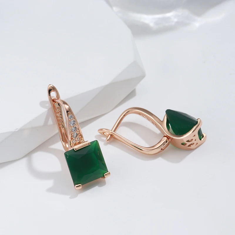 Kinel New Emerald Square Cut Zircon Promise Earring for Women Luxury 585 Rose Gold Wedding Jewelry Party Daily Dangle Earrings