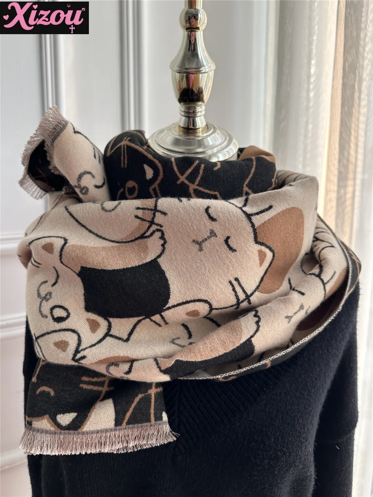 

Корейская версия нового осенне-зимнего универсального милого кота, имитация кашемирового шарфа, шаль, длинный теплый шарф двойного назначения