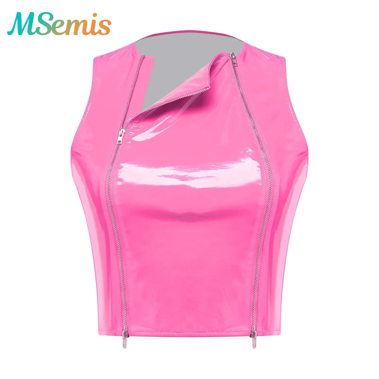 

Womens Wet Look Asymmetric Neck PU Leather Tank Top Front Zippers Sleeveless Slim-fit Glossy Cropped Vest Rave Party Clubwear