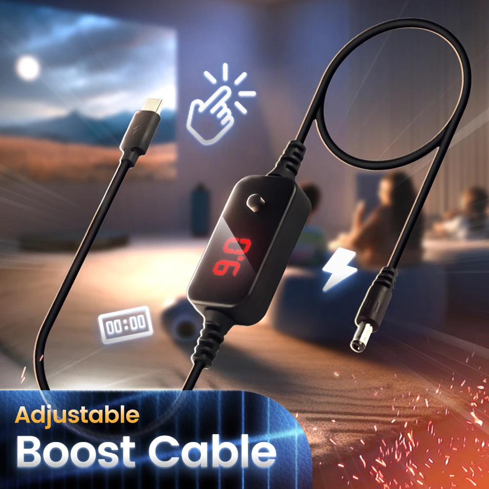 1.2m Type-C to DC Boost Cable DC Output 5v/9v/12v/15v/20v 5-gear Adjustable Voltage Digital Display Power Cord For Router Laptop
