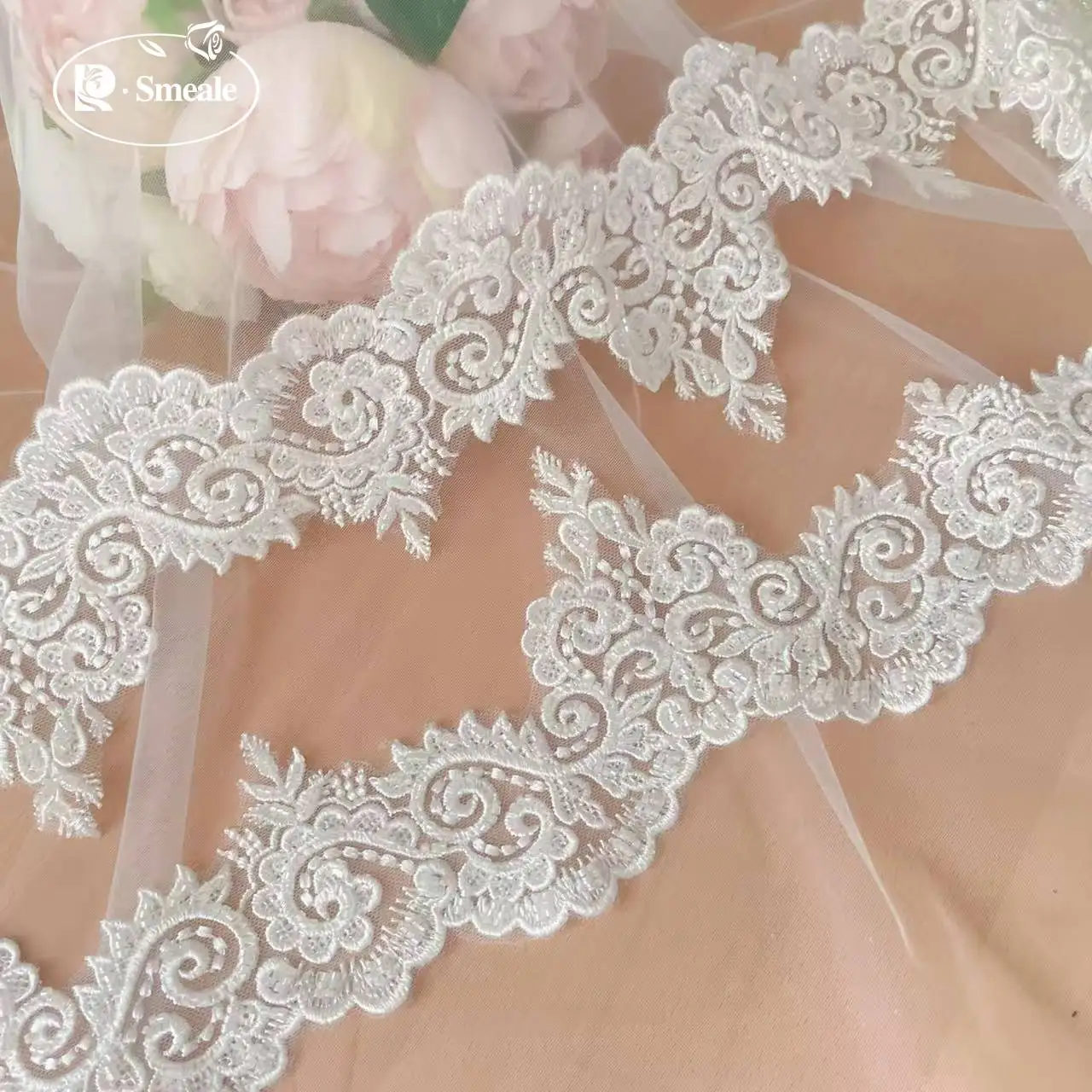 10 Yards/Packung Hochwertige Weiße Genähte Perlen-Spitzenborte für Kopfschleier, Hochzeitskleid, Dekorative Accessoires, Handgefertigte Spitze zum Selbermachen – Detail 2