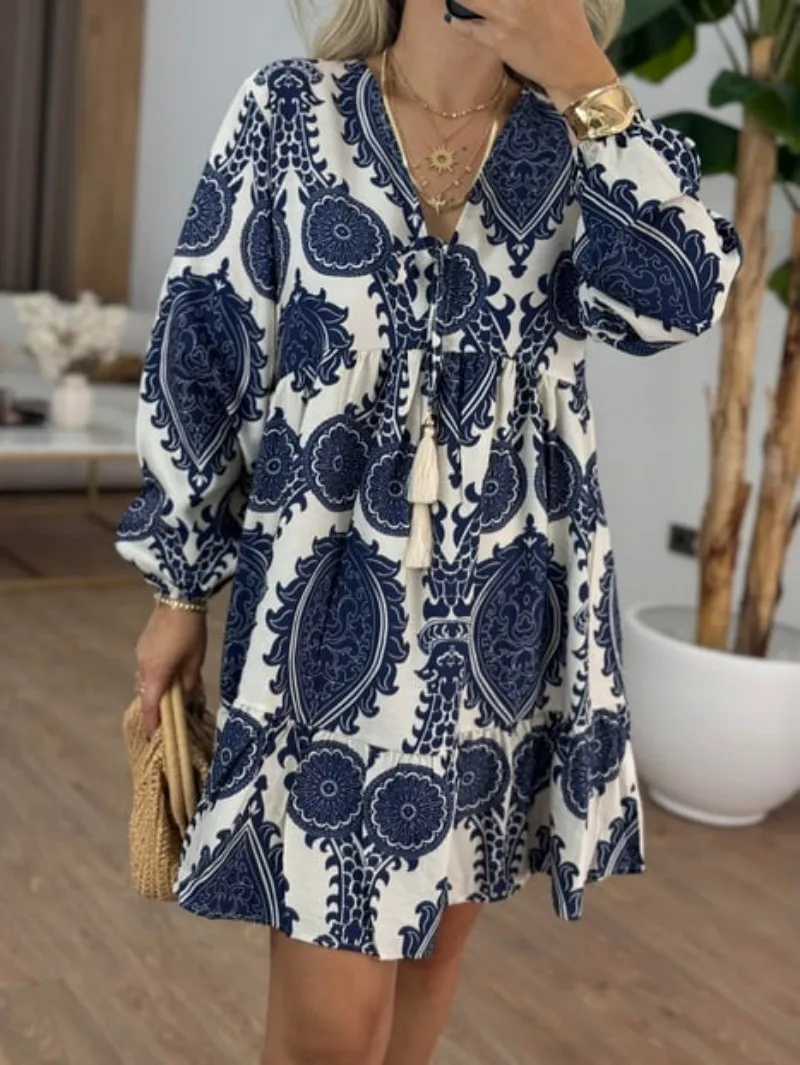 Abito estivo con stampa scollo a V profondo Moda donna Boho Abiti stile nazionale Abito estivo da spiaggia allentato casual