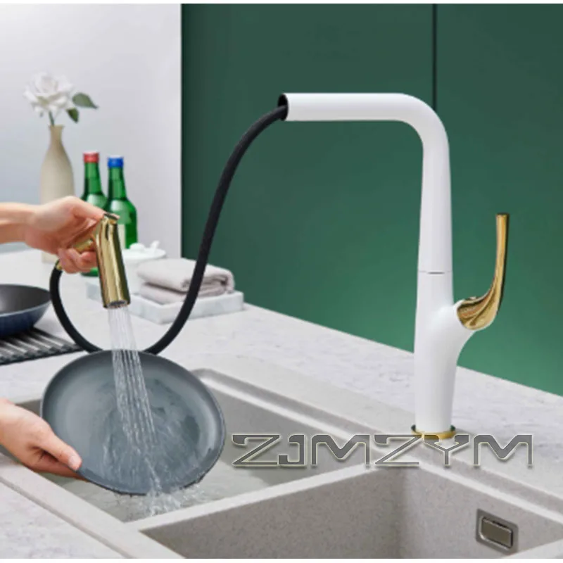

Full Brass Pull Out Kitchen Sink Faucet with Hot Cold Water Mixing Valve for Kitchen Vegetable Washing Basin