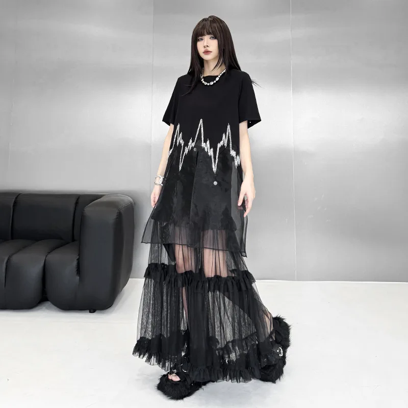 Tannt femmes robe asymétrie maille paillettes Patchwork asymétrie t-shirt robes irrégulière mode Perspective robes noires 2025 nouveau