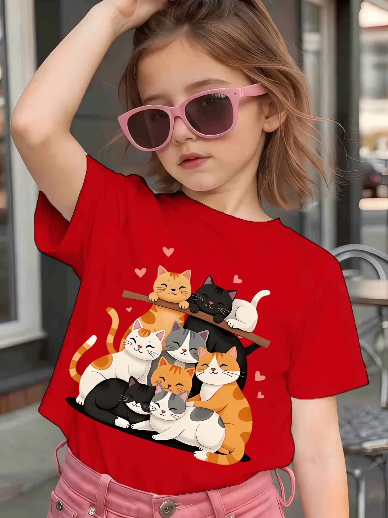 Multi Kitten Love Heart Print Kids T Shirt Boys Girls Family Matching Soft Cotton Short Sleeve Comfort Tops For Young Children
