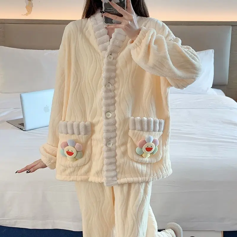 

yellow Women's pajamas flannel winter fleece-lined thicken Sleepwear keep warm rainbow cardigan coral fleece homewear suit