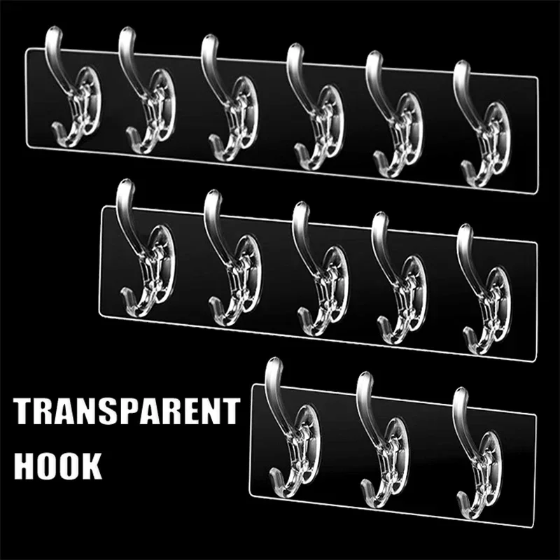 3/5/6 Row Transparent Strong Self Adhesive Hook Nail-free Wall Hook Kitchen Bathroom A Row of Traceless Hooks Wall Hanger Sticke