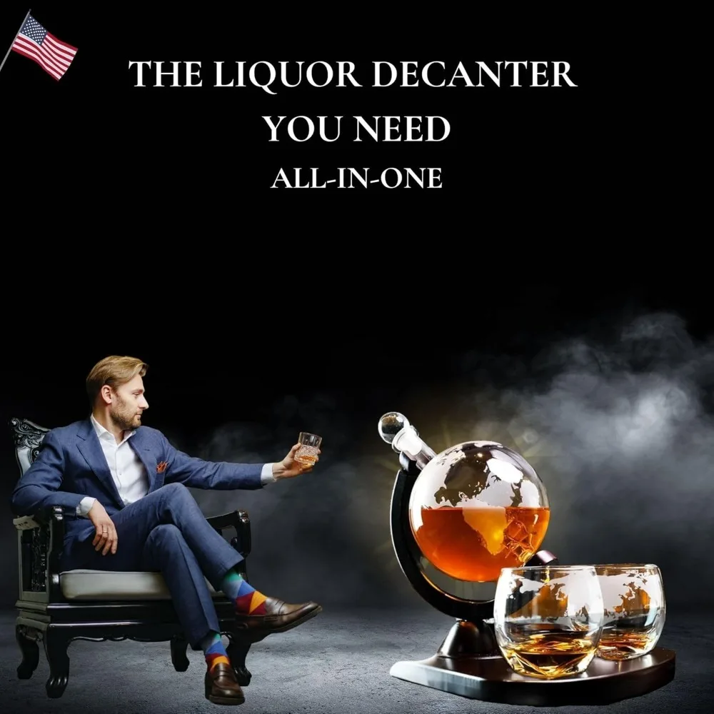 

Whiskey Decanter Globe Set with 2 Etched Globe Whisky Glasses | Liquor Decanter | Whiskey Stones, Ice Tong, Funnel - Gifts
