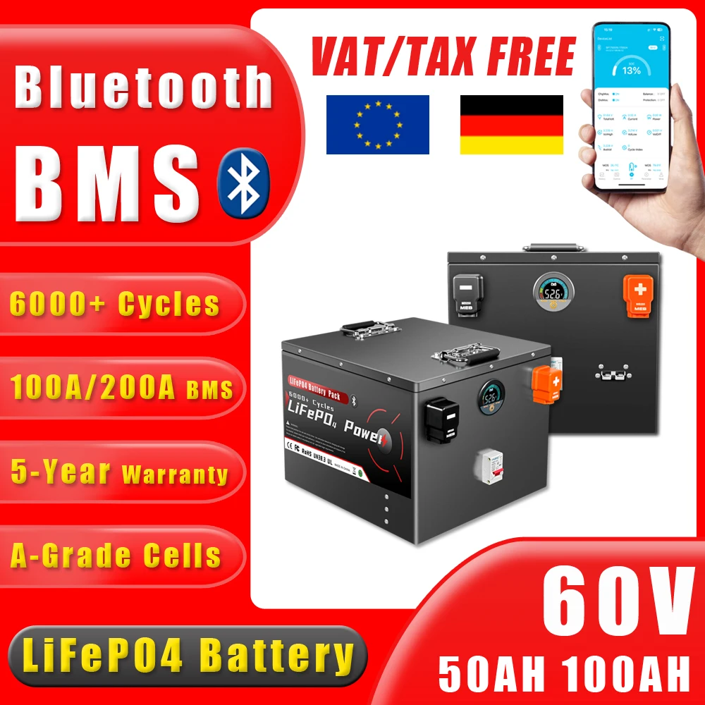 

60V 50Ah 100Ah LiFePO4 Battery Pack Bluetooth BMS Grade A 6000+ Deep Cycle For Solar Home Storage RV Boat Inverters PV