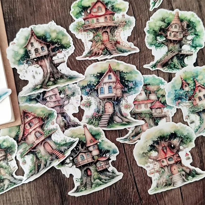 Hand-painted watercolor fairy tale retro magical tree house  Hand Ledger Stickers DIY Scrapbook Diary Happy Project Decoration