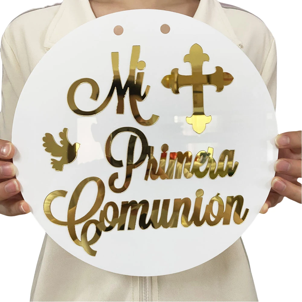 Mi Primera Comunión Espagnol Rond 3D Acrylique Signe Personnalisé, Nom Brodé, Confrontement de Sainte Communion, Décoration Murale