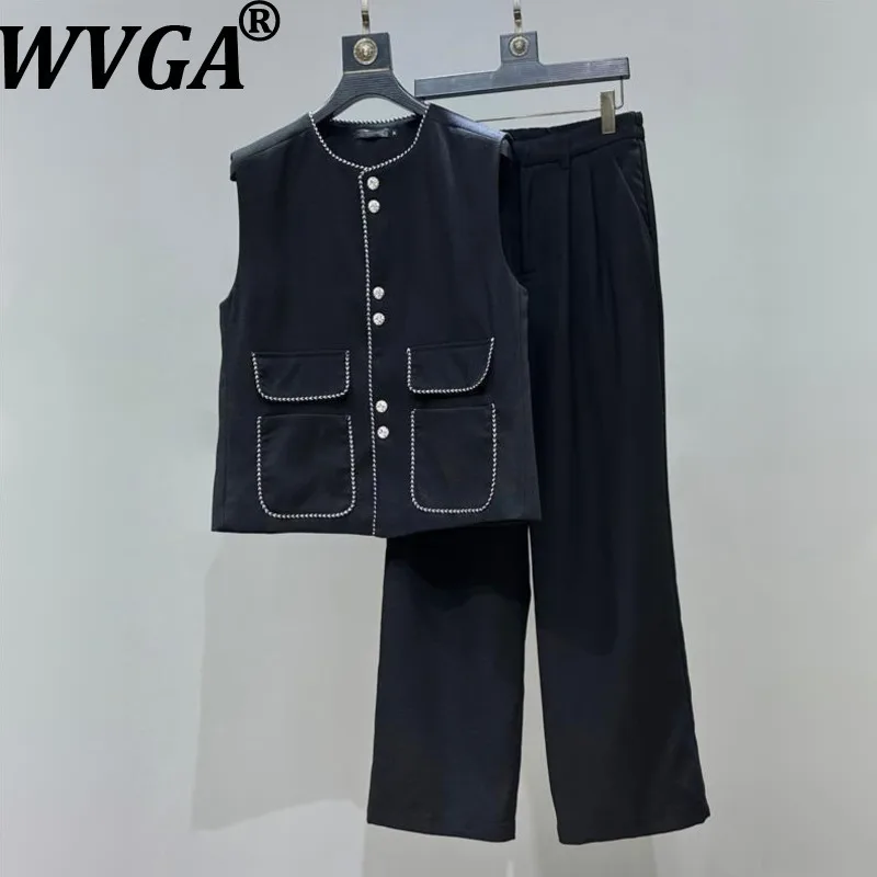 

WVGA Spring Autumn New Men Tide Hemmed Trendy Pocket Vest Niche Chic Casual Straight Suit Pants Two Pieces Set Streetwear W16794