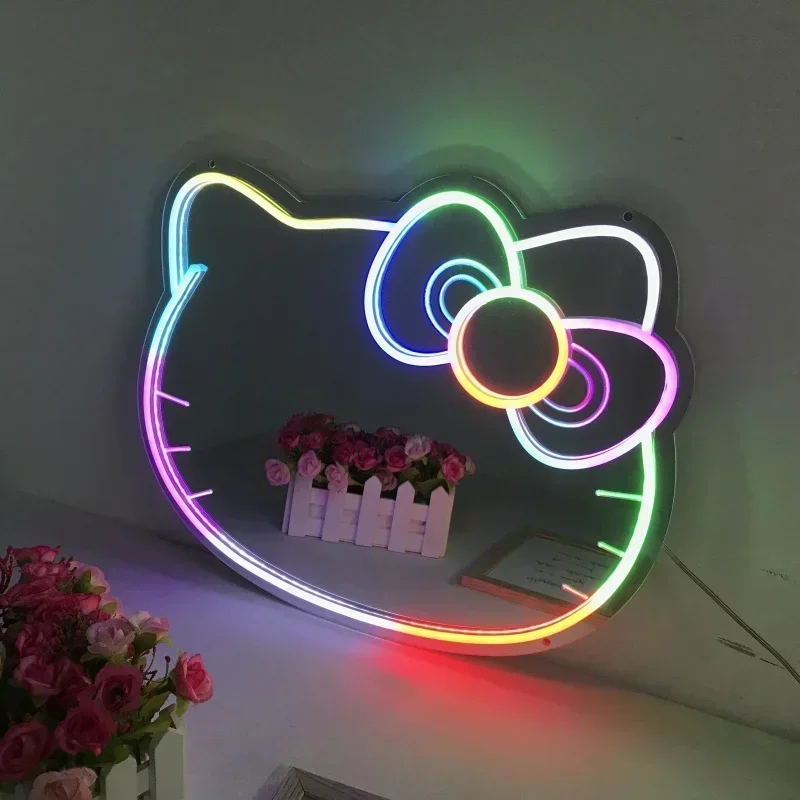 Flash LED Lights Colorful KT Cat Mirror Neon Sign Christmas Party Decor Shine Anime Cartoon Neon Lamp for Hello Kit Home Decor