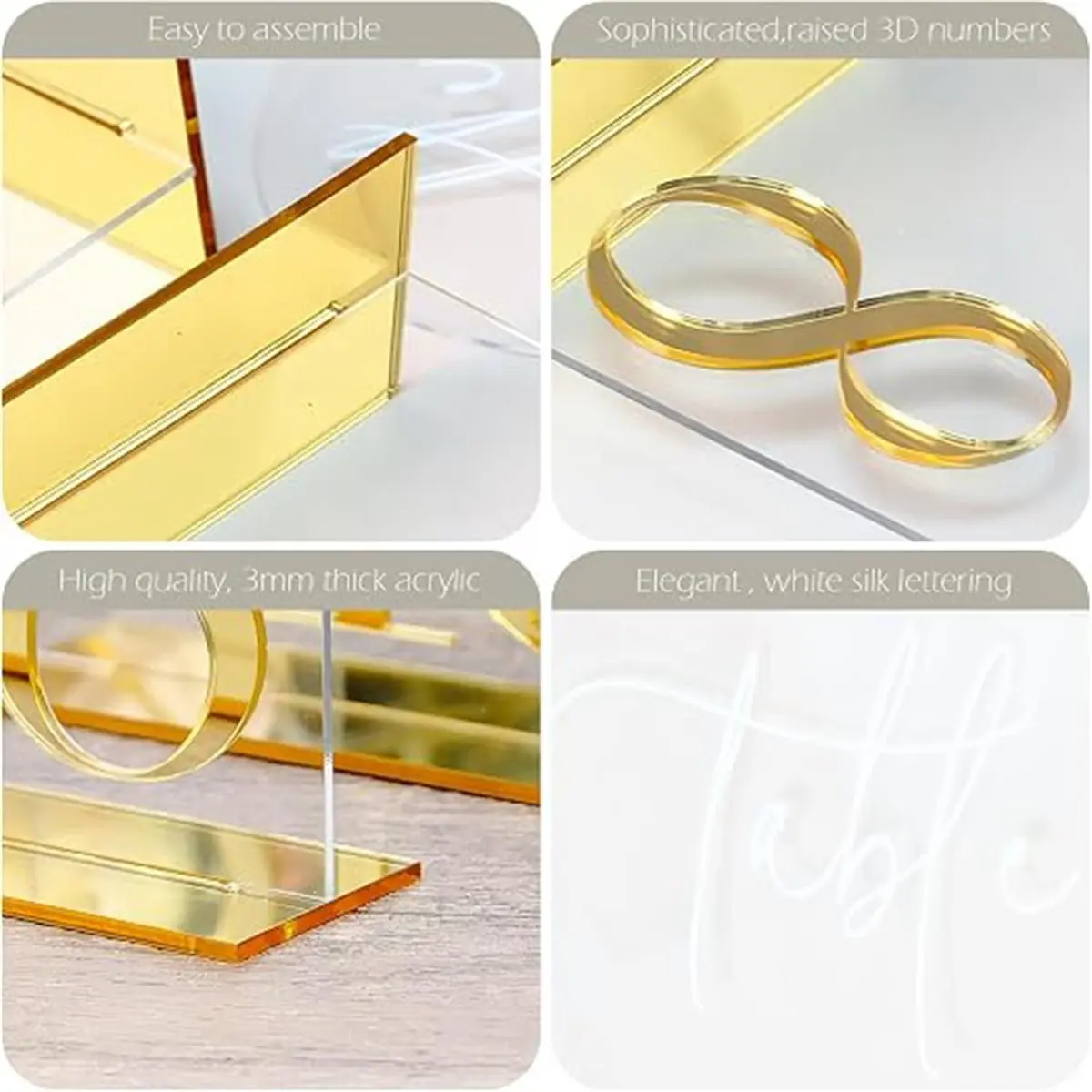 Acrylic Wedding Table Numbers 1-10, 5x7 Inch Arched Signs with Gold Stands for Reception