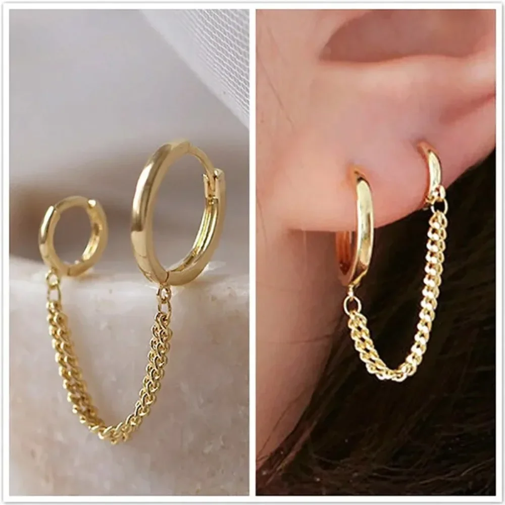 1PCS Hot Sale Two Hole Piercing Earrings for Women Brilliant Hoop Earring 2 Metal Color Chain Earring Party Jewelry Accessories