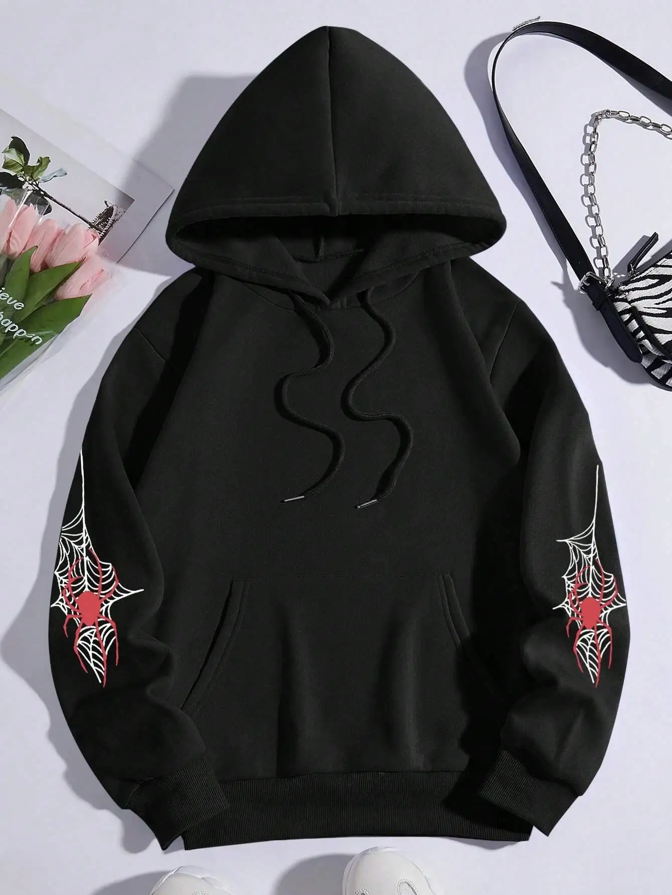 Simple Spiders & Cobwebs Printed Women Hoodie Crewneck Fleece Warm Sweatshirts Fashion Casual Tracksuit Oversized Female Hooded