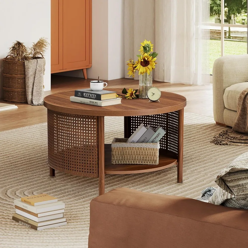

31.5 Coffee Table With Metal Rattan Decor, Round Coffee Table With Storage Shelf For Living Room, Mid-Century Vintage Home Accen
