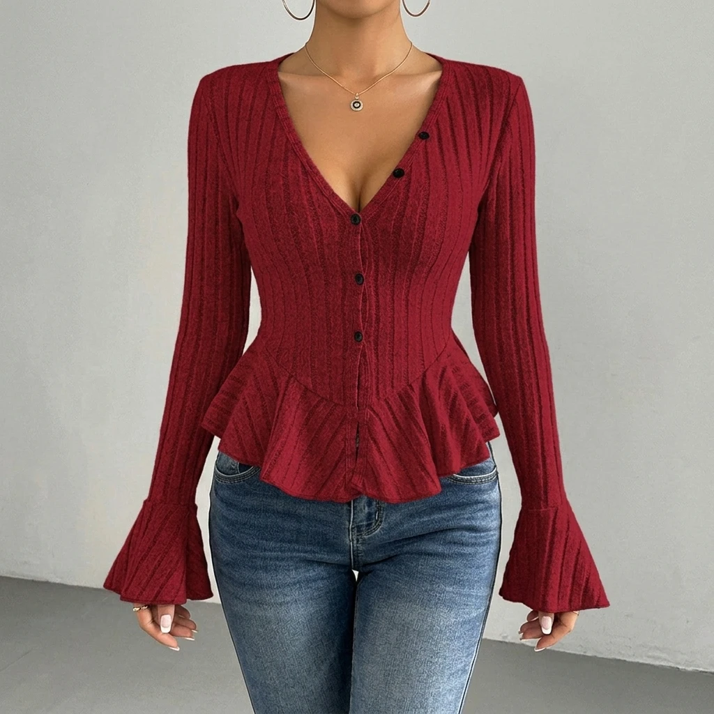 Uoozee Women's French Style Button Front Peplum Hem T-shirts 2026 New Flared Sleeves Deep V-Neck Slim Fit Casual Blouse Tops
