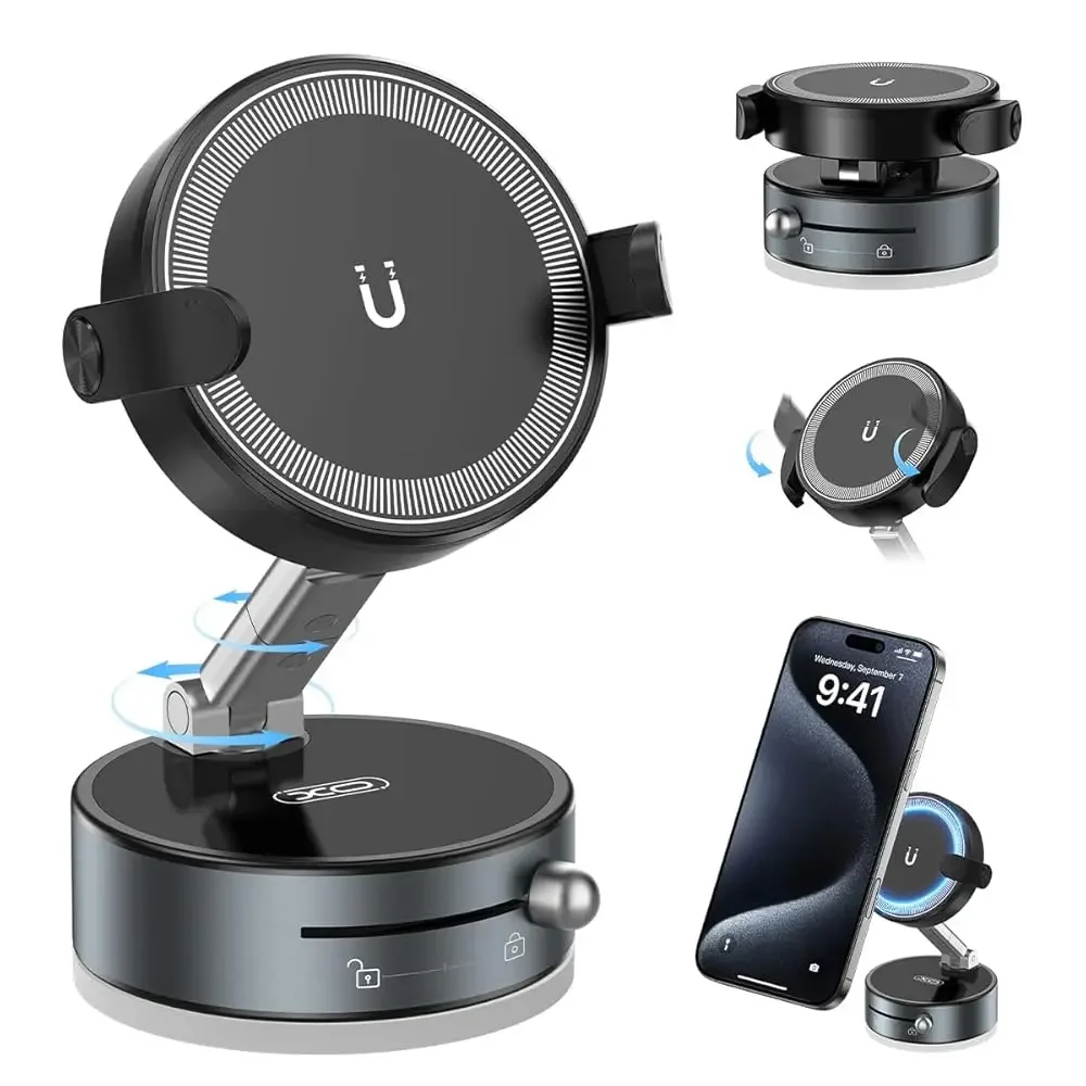 

2-in-1 Clip & Vacuum Magnetic Suction Phone Holder,Upgraded 360° Adjustable Suction Cup Car Phone Mount,Hands-Free Cell Phone