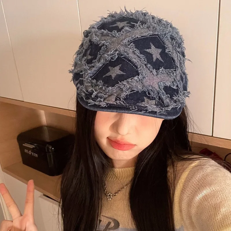 Retro Frayed Edge Star Denim Beret for Women, Spring and Summer Fashion Versatile Large Head Circumference  Forward Cap