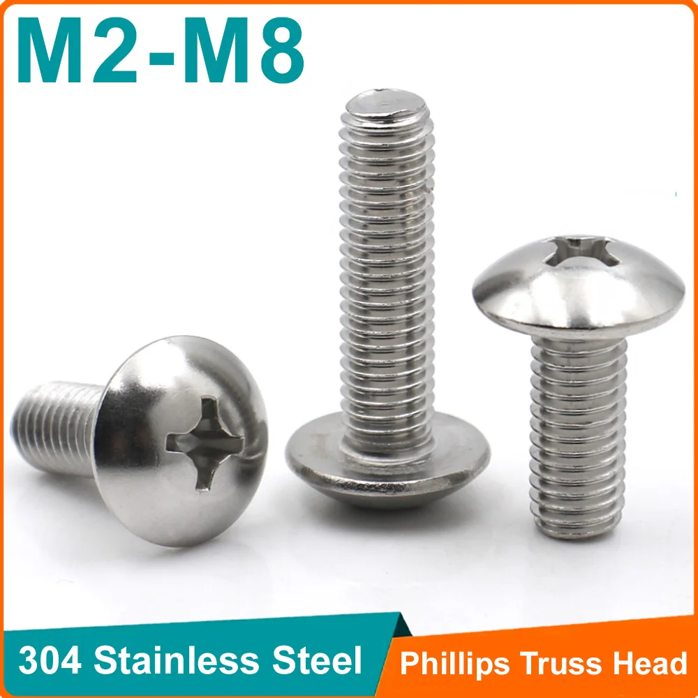 5-25pcs 304 Stainless Steel Phillips Truss Head Machine Screws Large Wide Button Head Cross Screw Bolts M2 M3 M4 M5 M6 M8