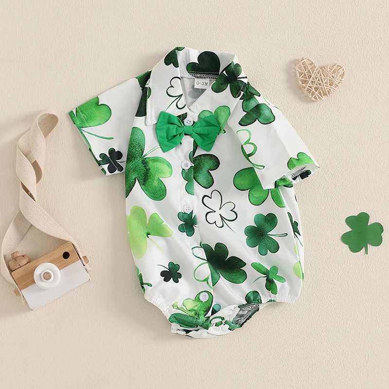 Toddler Boys St Patrick s Day Romper Green Short Sleeve Lapel Shamrock Print Button Up Jumpsuit with Clover Embroidery