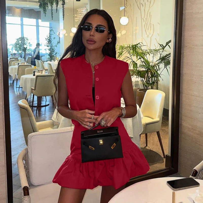 

Fashion Red Splicing Skirt Outfit Spring Women Sleeveless Shirt Vest+High Waist Slim Zipper Mini Bust Skirt Summer Two Piece Set