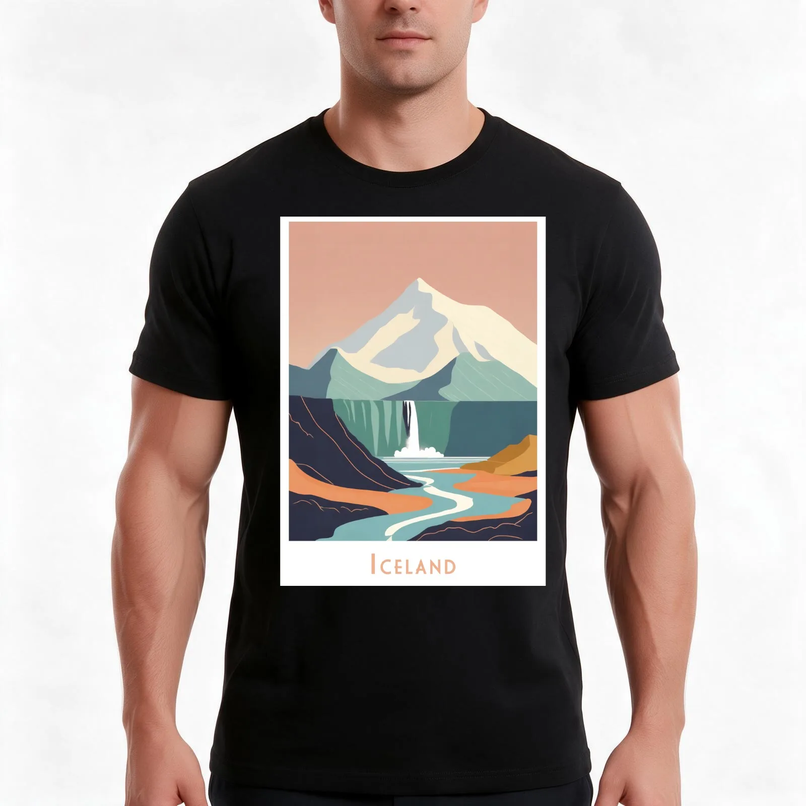Vintage Minimal Retro Travel Poster Waterfall in Iceland T-Shirt Summer Casual Cotton Tee Oversized Streetwear Tops