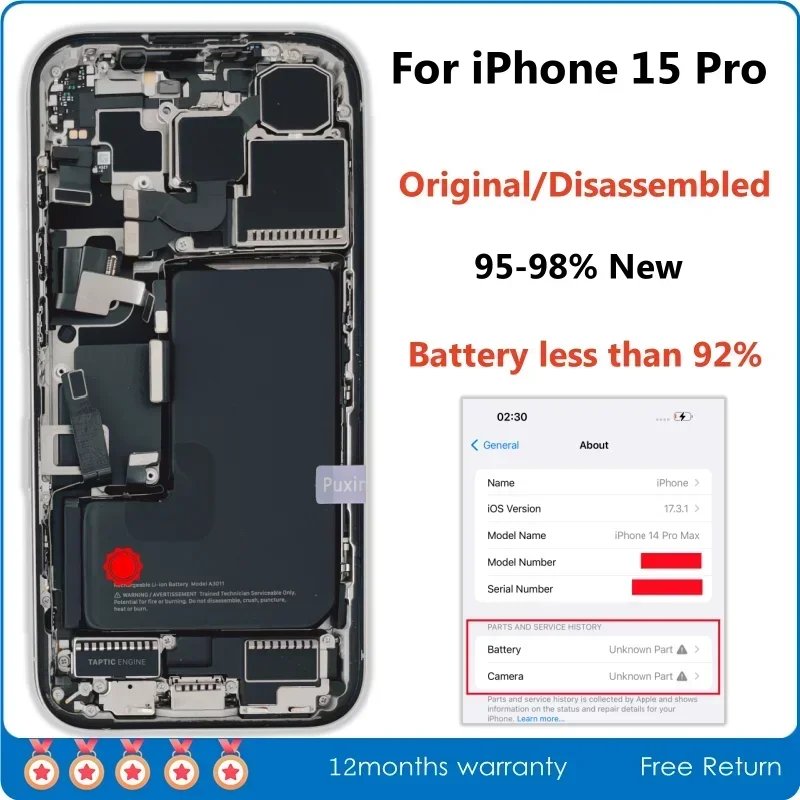 95% New Disassembled Middle Housing Back Cover Glass For iPhone 15 Pro with Battery Rear Camera NFC Wireless Assembly